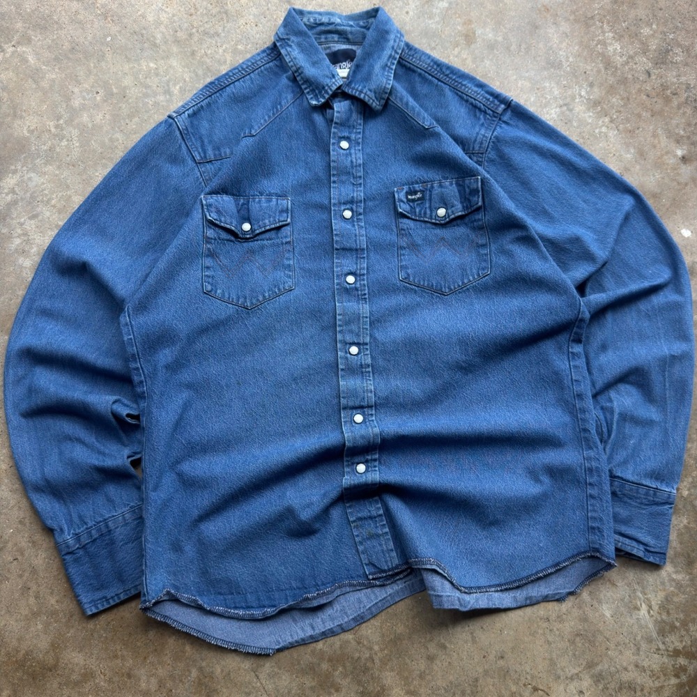Vintage 90s Wrangler Denim Western Pearl Snap Shirt Workwear Blue Large (f1) - Picture 3 of 8